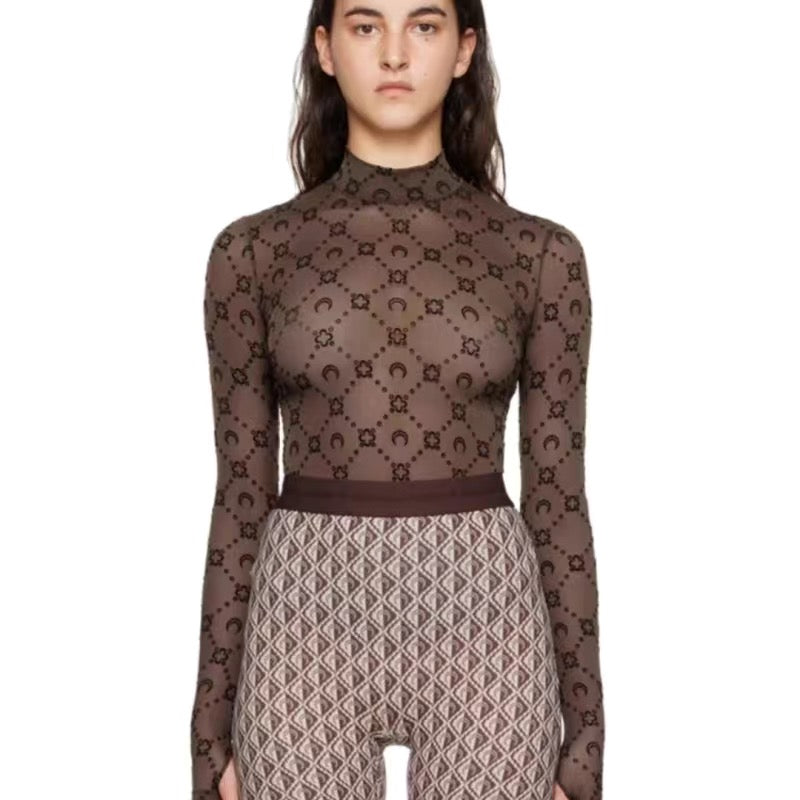 Moon print flocked flower mesh see-through long-sleeved bottoming shirt